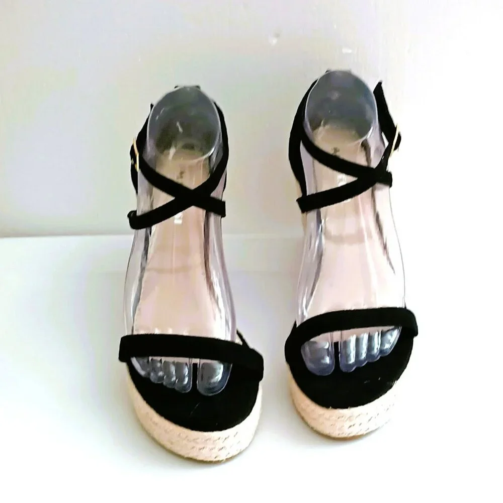 Makegsi Black Strappy Wedge Sandals 9 Open Toe Ankle Strap Faux Suede Shoe